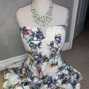 Floral fit and flare strapless dress